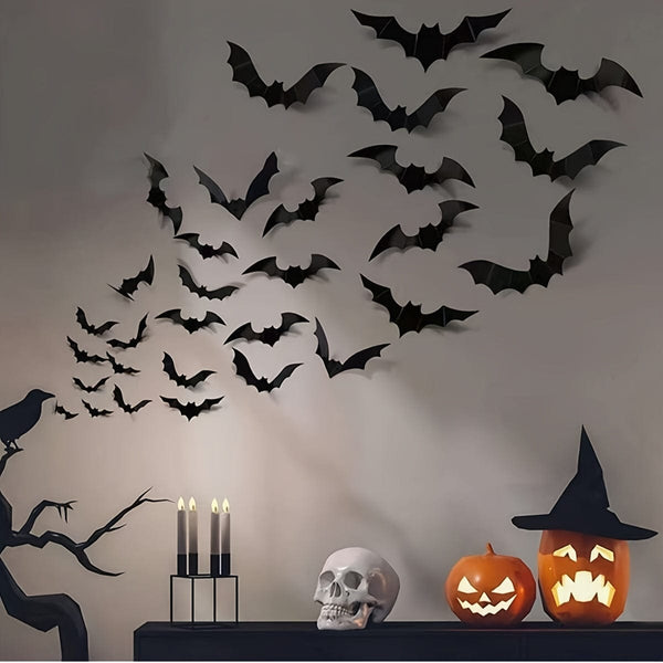 Chauves-souris 3D Halloween - Lot de 12 stickers muraux