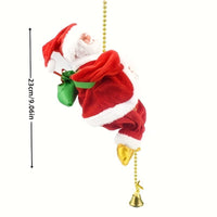 Figurine suspendue Père Noël grimpeur avec sac vert et clochette, 23 cm.