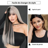 Perruque Longue Ombré Argentée – Frange & Racines Foncées